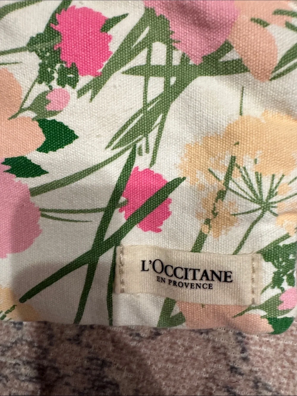 L'OCCITANE Cream Floral Cosmetic Pouch with Pink and Green Print